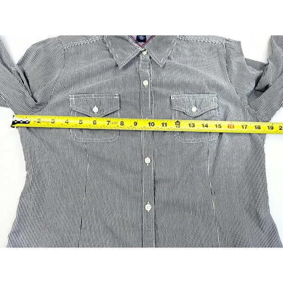 Tommy Hilfiger Size Medium Women's Black White Stripe Elbow Button Logo Shirt - Picture 3 of 13